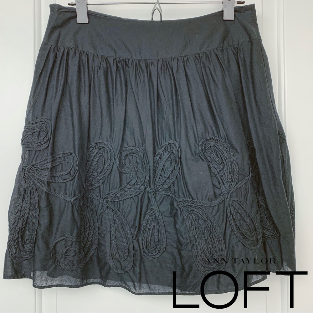 Ann Taylor LOFT Black Cotton Soutache Paisley Embroidered Mini Skirt 4P Petite